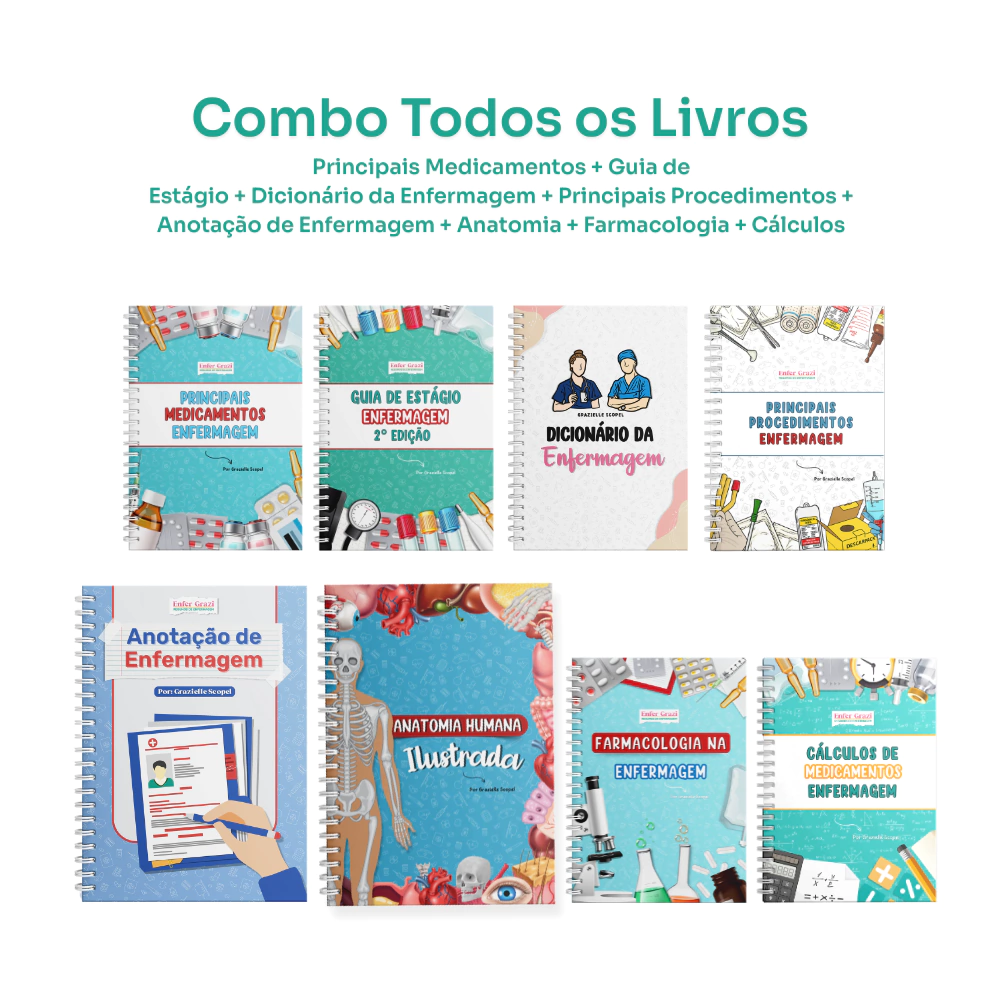 Combo Livros: Medicamentos + Guia de Estágio + Dicionário + Procedimentos + Anotação + Anatomia + Farmacologia + Cálculo